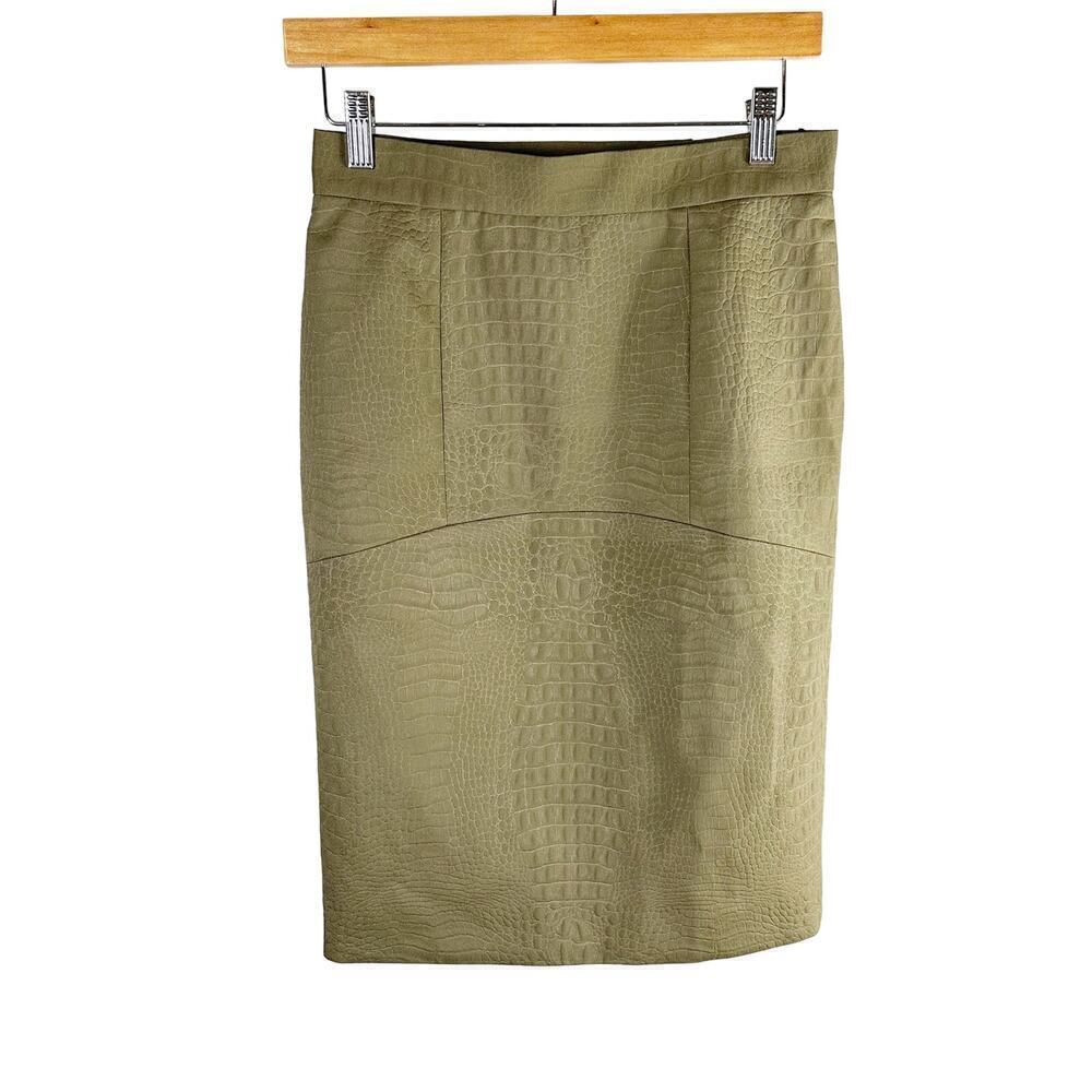 M Missoni Faux Leather Snakeprint Embossed Midi Skirt Olive Green Size 40 US 4